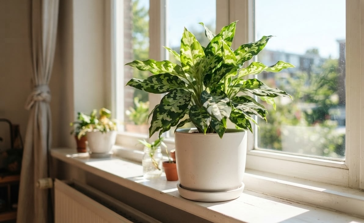 Aglaonema Pictum Tricolor in a white pot on a bright windowsill receiving filtered daylight