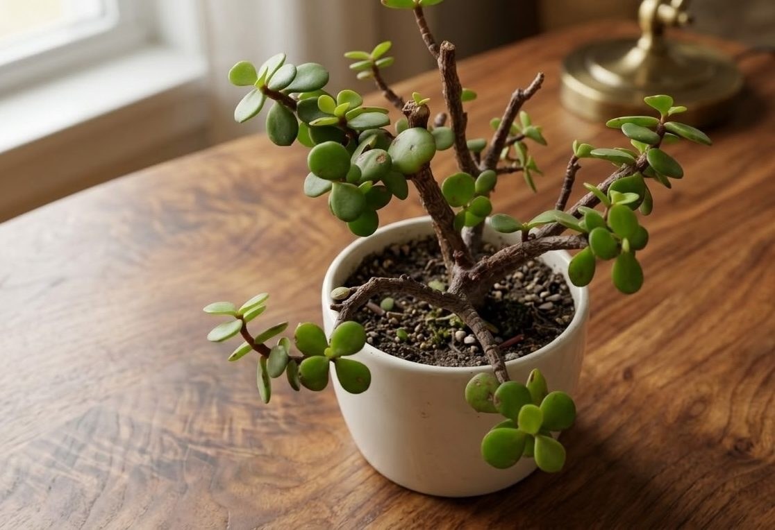 Portulacaria afra bonsai with a thick trunk and rounded leaves in a white pot