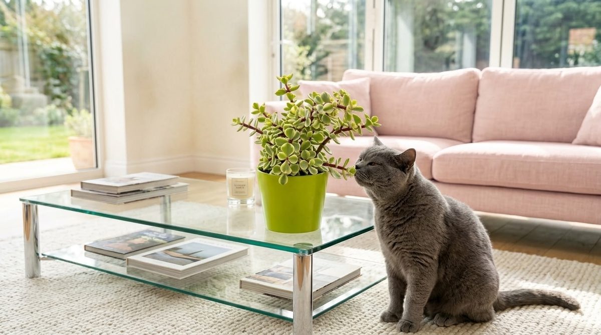 Gray cat sniffing a portulacaria afra plant in a green pot on a glass coffee table