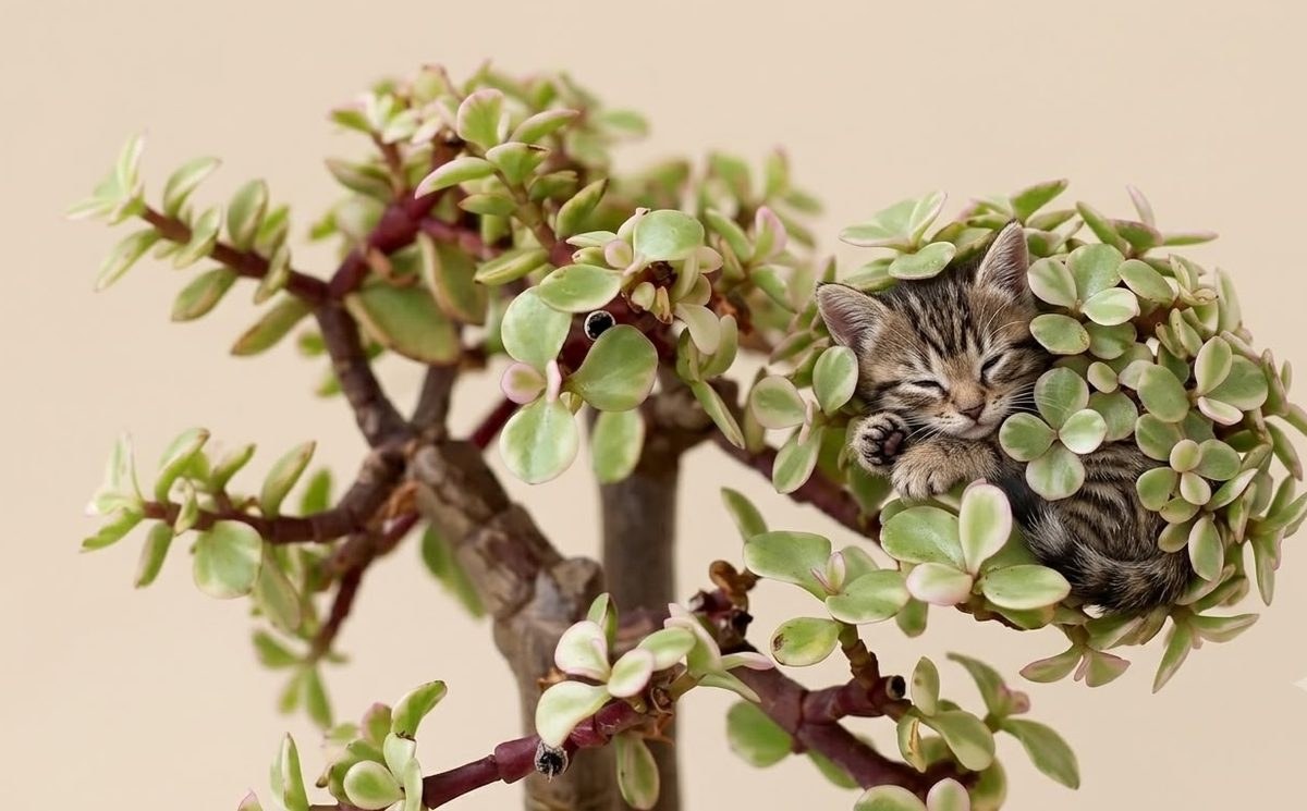 Kitten sleeping curled up inside the leaves of a portulacaria afra plant