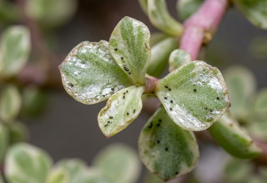 Close-up of portulacaria afra leaves with small black mealybug pests