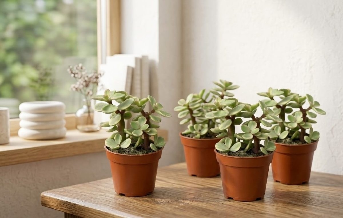 Four small portulacaria afra propagations in terracotta pots on a windowsill