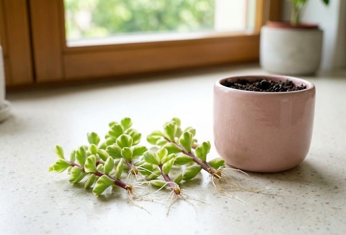 Portulacaria afra stem cuttings with roots laid next to a pink pot ready for planting