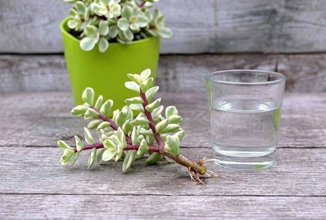Portulacaria afra stem cutting rooting in a glass of water next to the parent plant