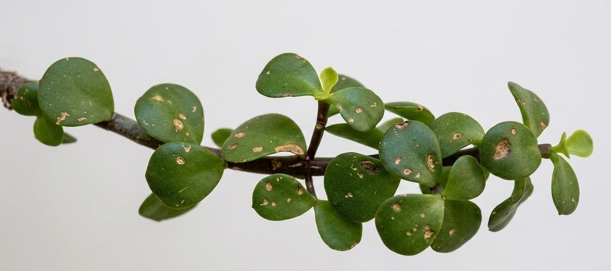 Portulacaria afra stem with round leaves showing brown scarring and pest damage spots