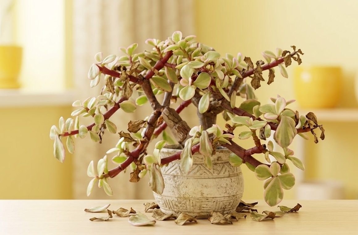 Wilted portulacaria afra bonsai with dried dropped leaves scattered on the table