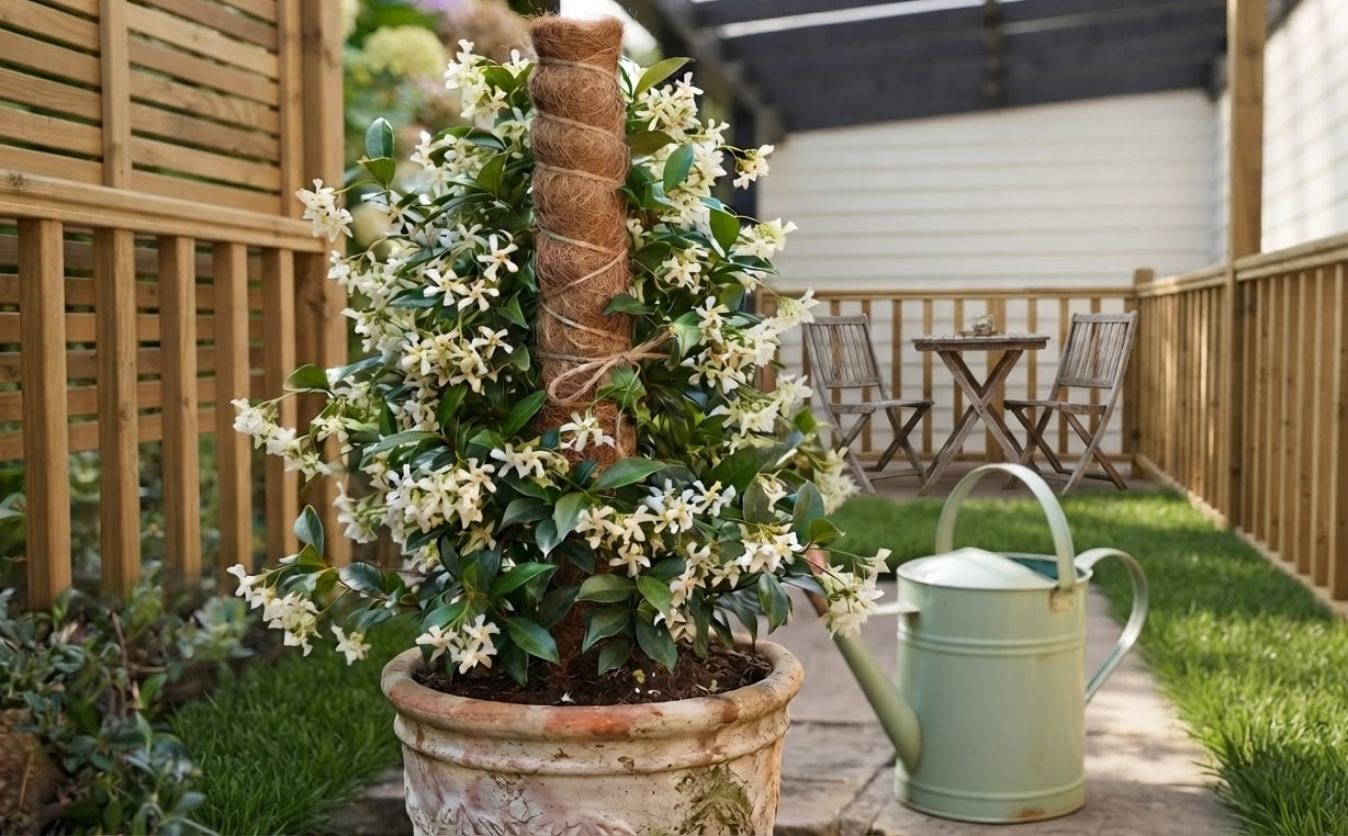 Trachelospermum jasminoides covered in white star shaped flowers climbing a moss pole in a terracotta pot on a patio