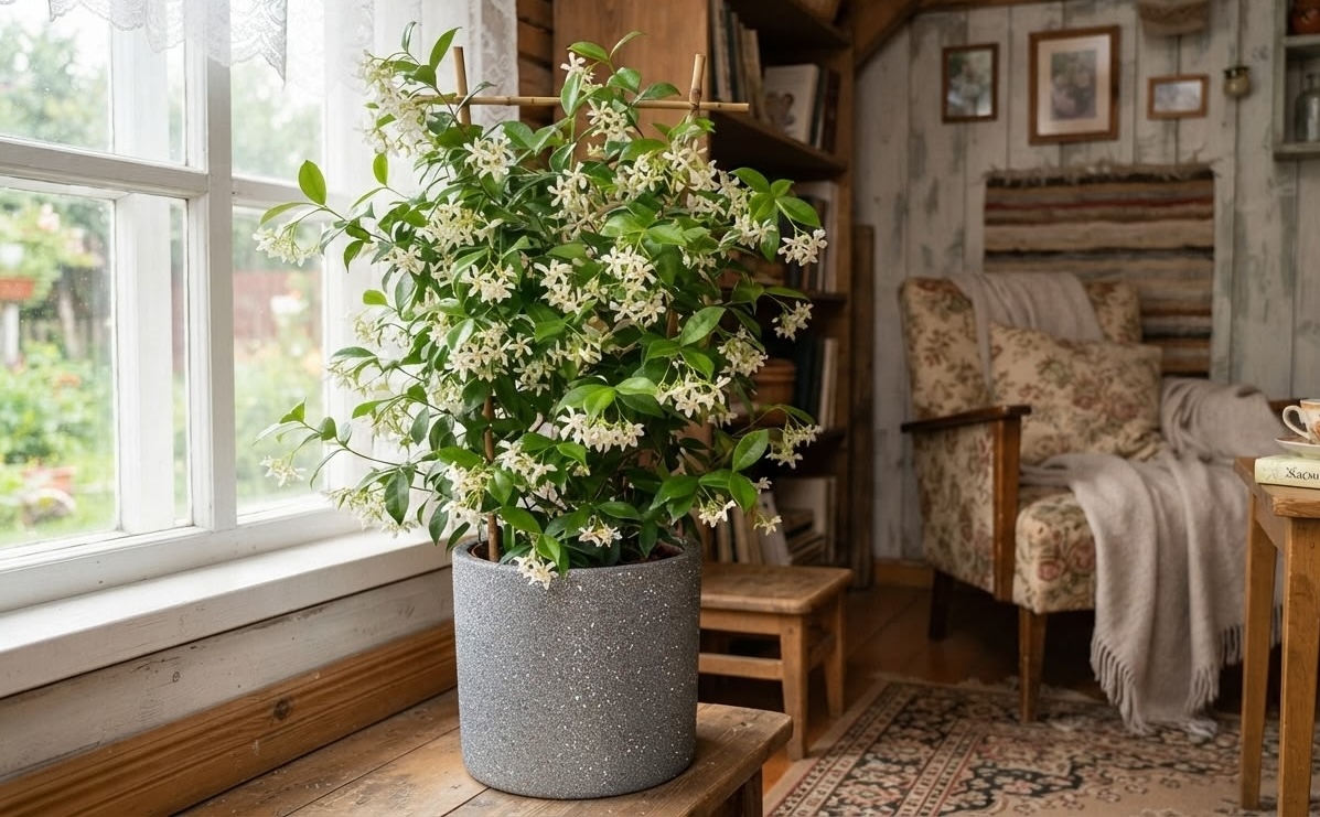 Star jasmine trained on a bamboo trellis in a grey pot flowering beside a sunny window