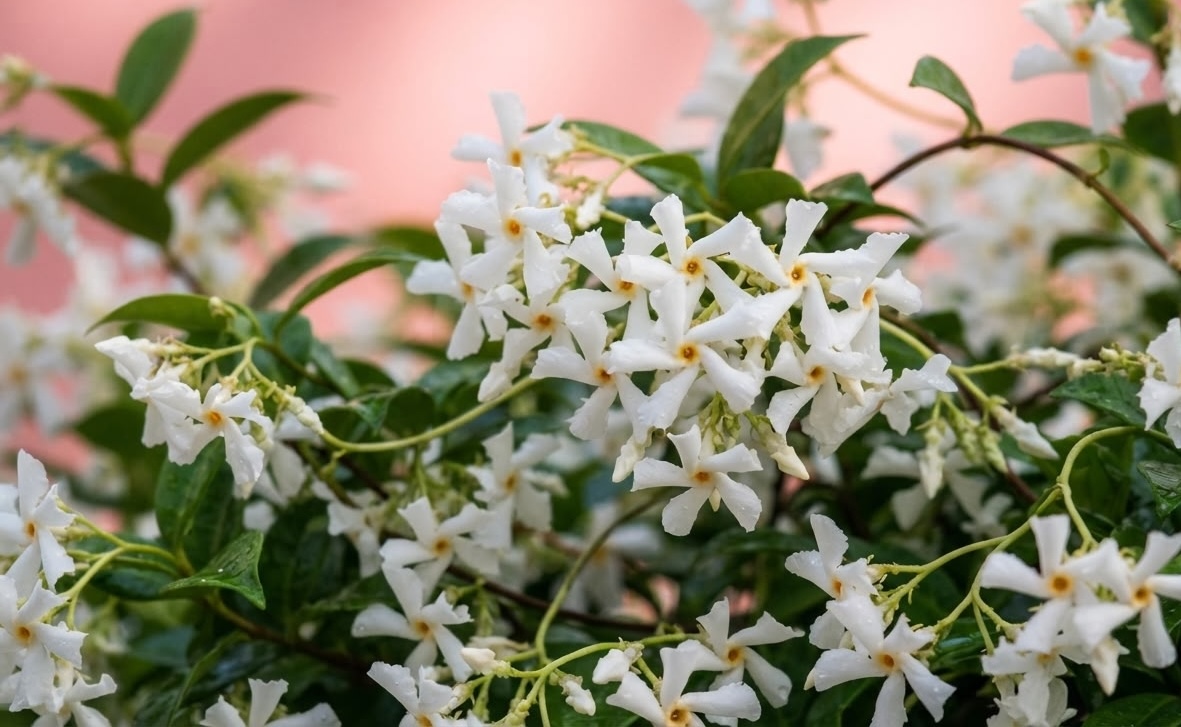 Close up of Trachelospermum jasminoides flowers showing five twisted white petals with yellow centers and glossy green leaves