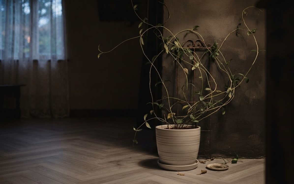 Star jasmine with long bare stems and sparse leaves in a dim room showing the effect of too little light