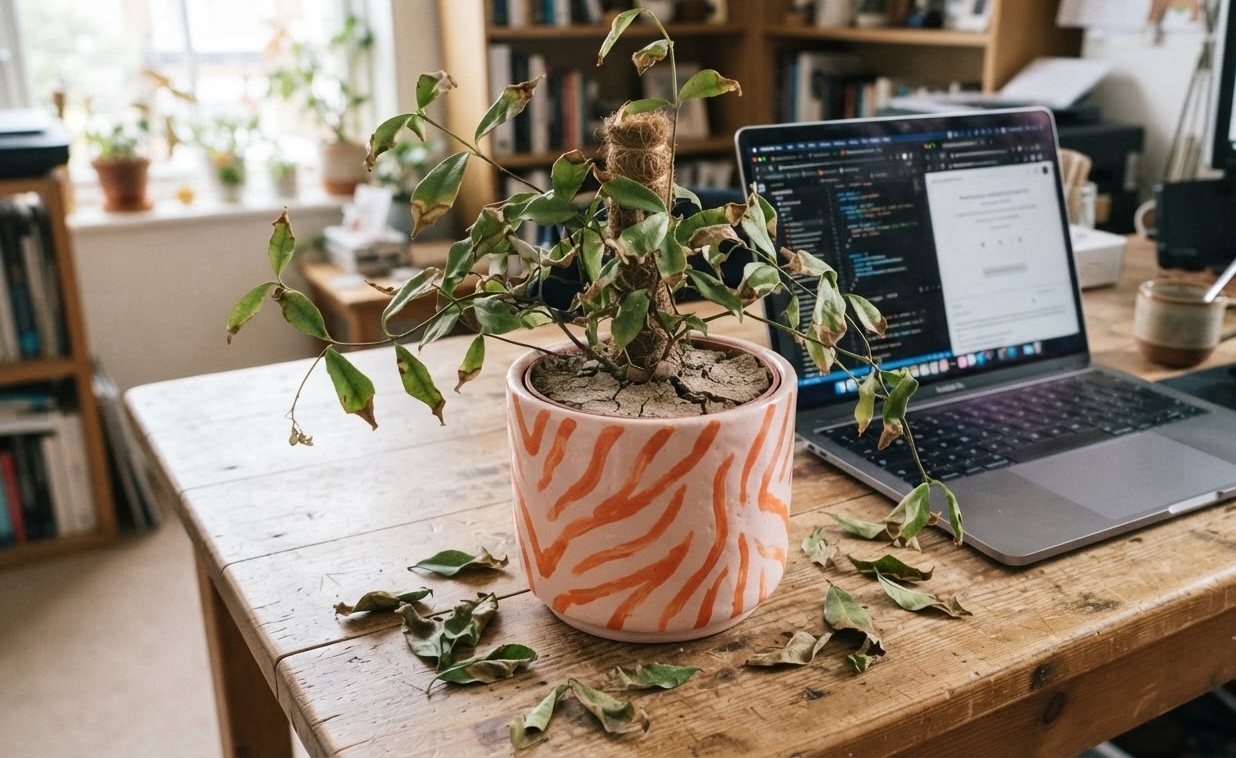 Star jasmine with brown curling leaves and fallen foliage in a striped pot, showing drought stress