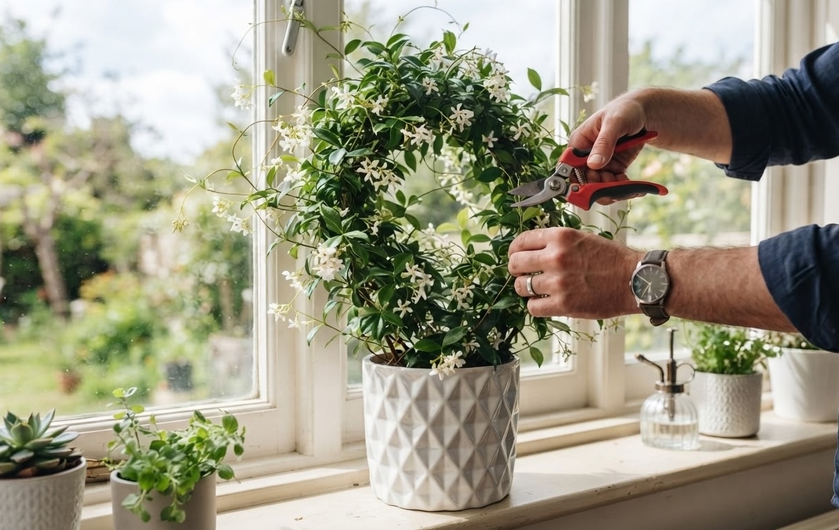 Gardener pruning a flowering star jasmine on a windowsill with red handled secateurs