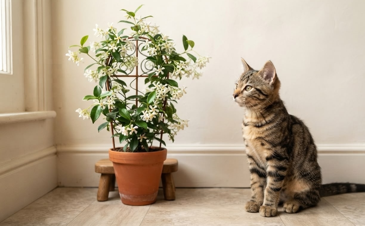 Tabby cat sitting next to a star jasmine trained on a wire trellis in a terracotta pot