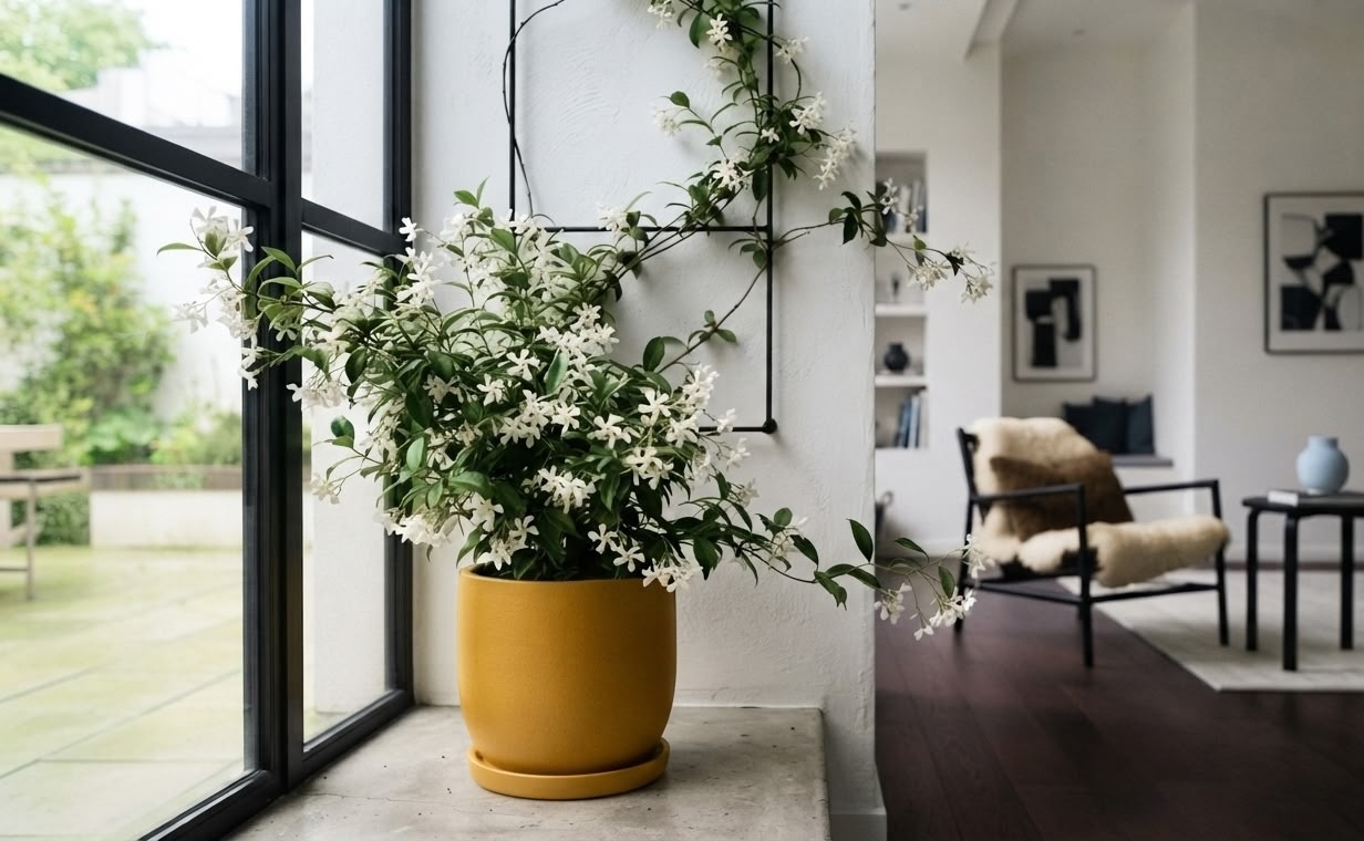 Star jasmine in a yellow pot climbing a black wall trellis beside a floor to ceiling window