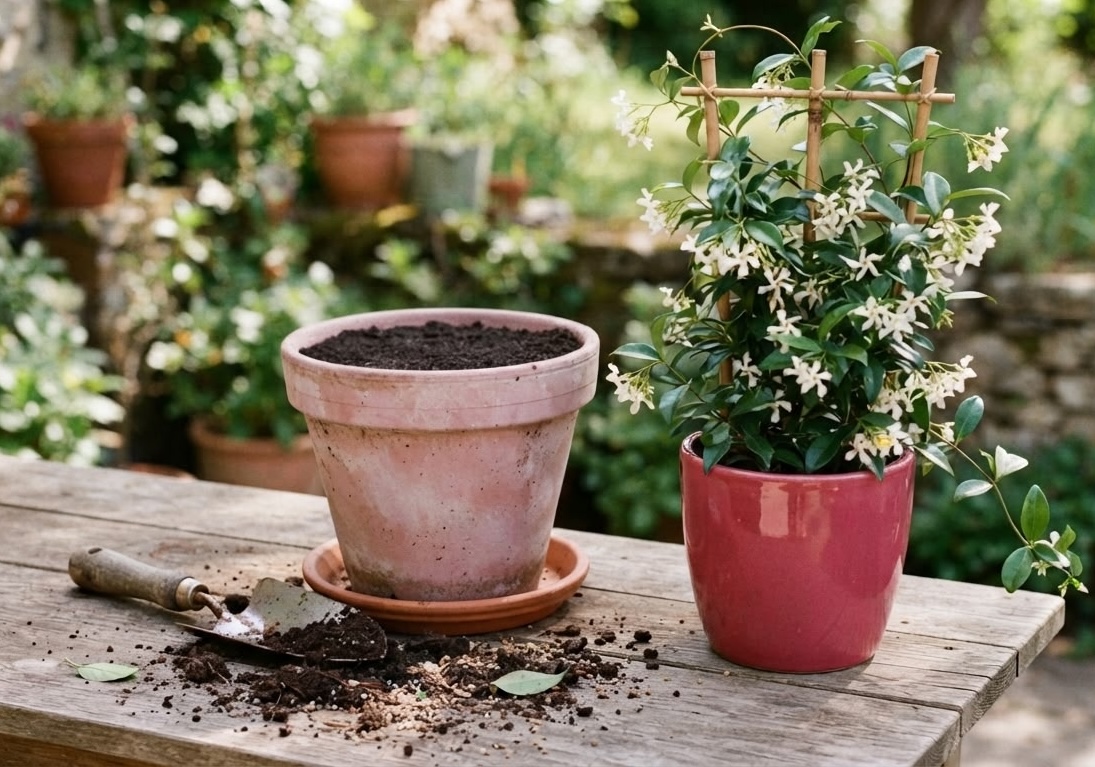Star jasmine in a pink pot beside an empty terracotta pot filled with fresh soil and a trowel