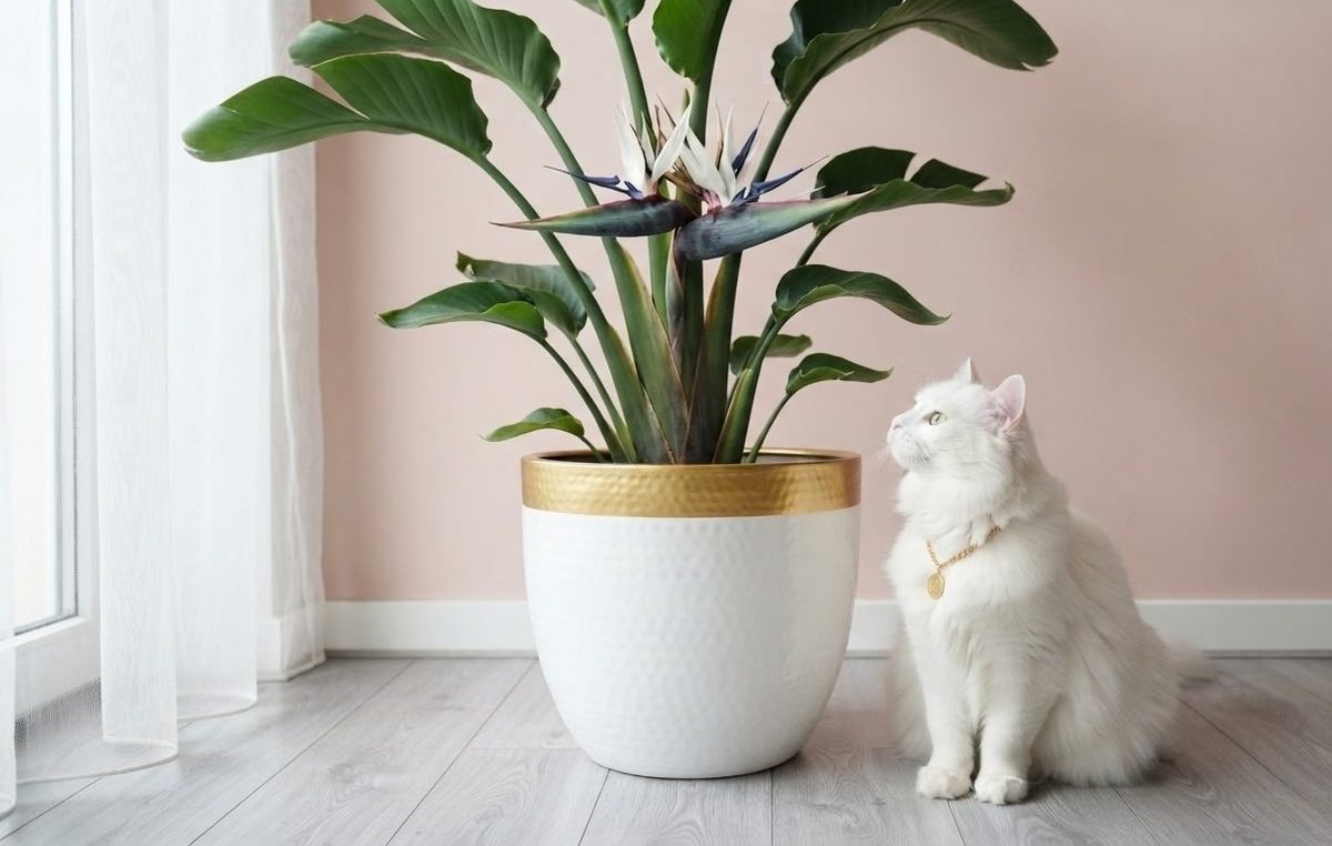 White cat sitting beside a Strelitzia nicolai white bird of paradise plant in a white and gold pot