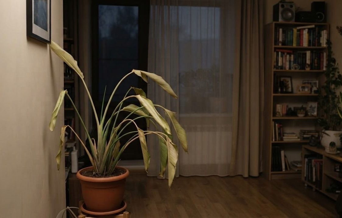 Strelitzia nicolai with bright yellow, wilting leaves, a sign of cold stress or root problems near a window