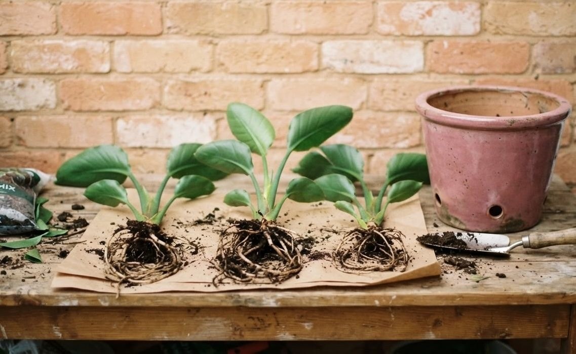 Three Strelitzia nicolai divisions with exposed root balls laid out on paper next to an empty terracotta pot, ready for repotting