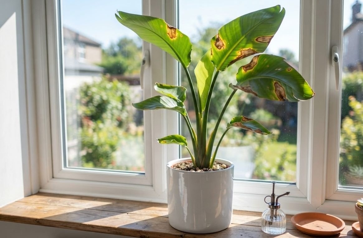 Strelitzia nicolai leaves with brown scorched patches from direct afternoon sun exposure